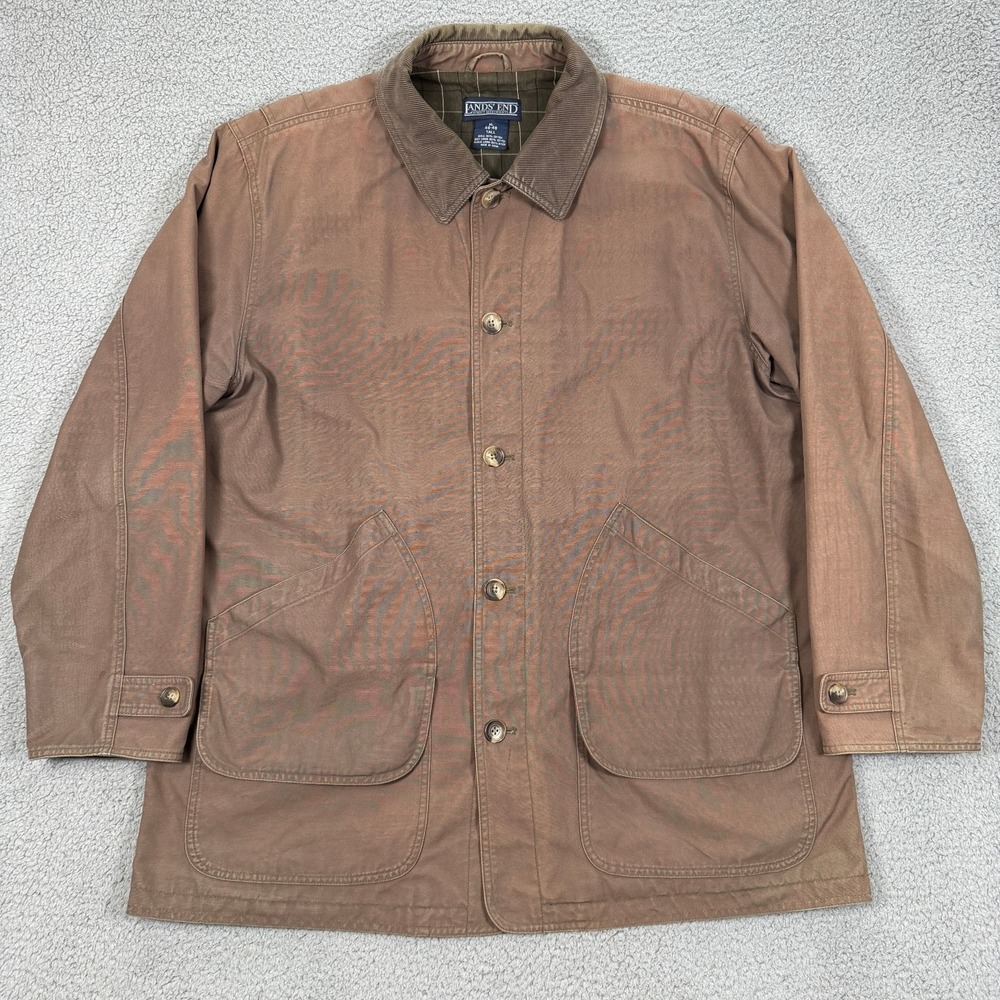 Lands End Chore Coat Mens XL Tall Brown Corduroy Collar Flannel Lined Pockets